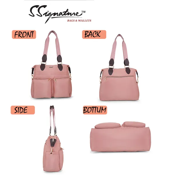 Signature_Pink_Fabric_Multi_Pocket_Adjustable_Strap_Diaper_Bag_For_Parents_With_Babies