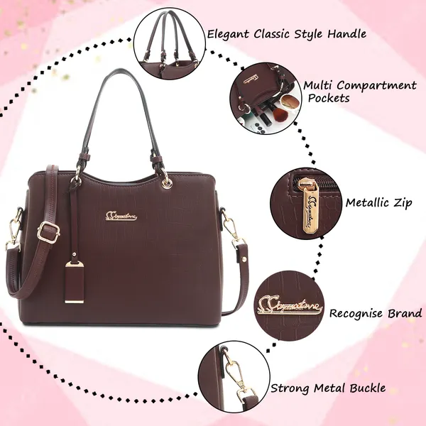 Signature_Brown_Faux_Leather_Multi_Compartment_Handbag_For_Women
