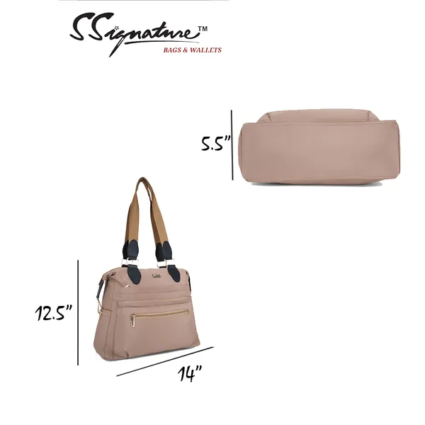 Signature_Beige_Faux_Leather_Two_Tone_Strap_Multi_Pocket_Shoulder_Bag_For_Women