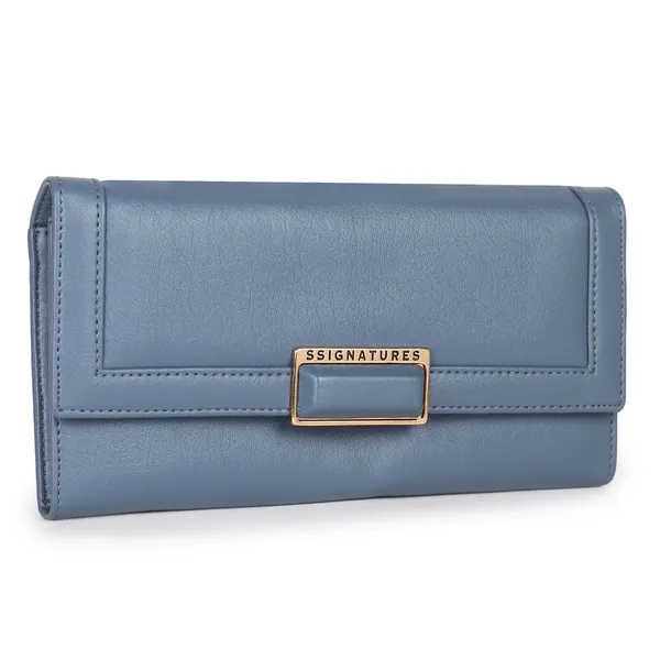 Signature_Blue_Leather_Multi_Card_Buckle_Wallet_For_Women
