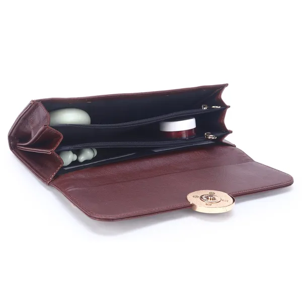 Signature_Maroon_Faux_Leather_Ring_Clasp_Long_Wallet_For_Women
