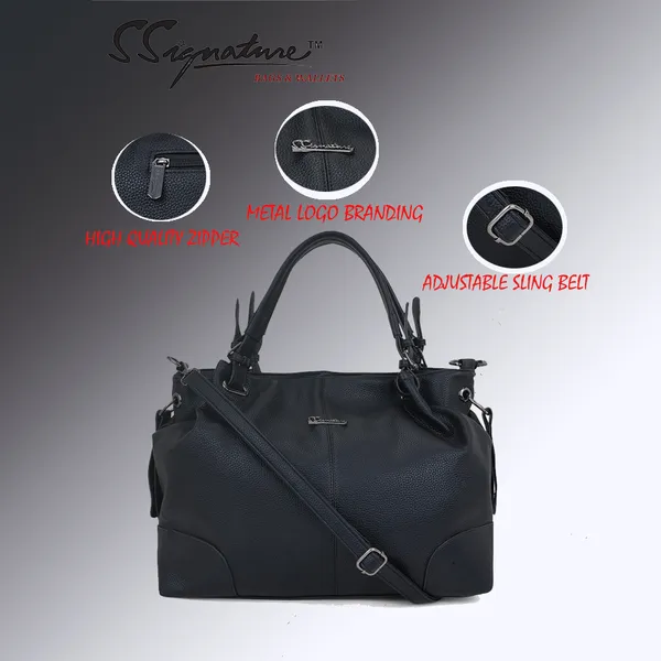 Signature_Black_Faux_Leather_Textured_Adjustable_Strap_Handbag_For_Women