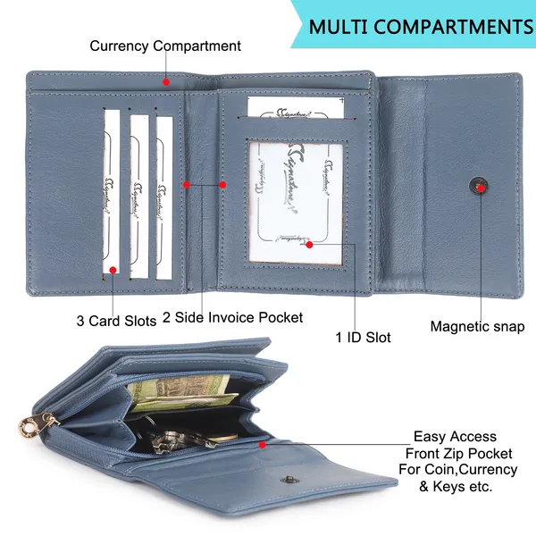 Signature_Blue_Grey_Faux_Leather_Tri_Fold_Wallet_For_Women