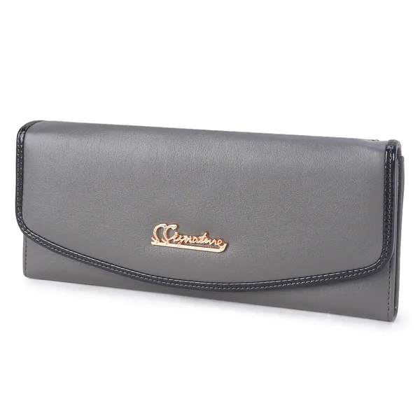 Signature_Grey_Faux_Leather_Multi_Compartment_Long_Wallet_For_Women