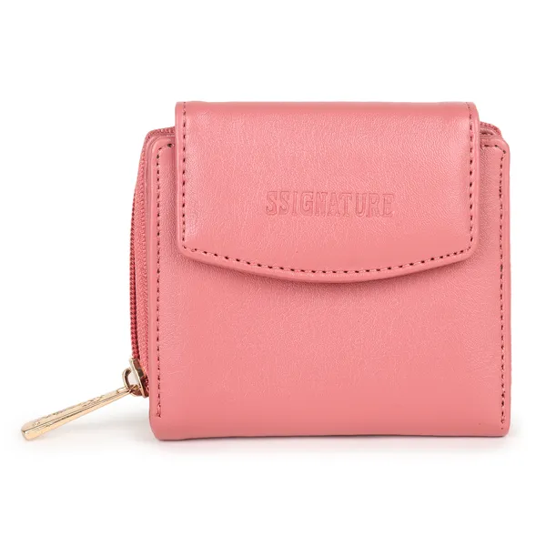 Signature_Pink_Faux_Leather_Tri_Fold_Zipper_Wallet_For_Women