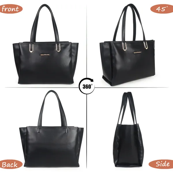 Signature_Black_Faux_Leather_Multi_Compartment_Metal_Zip_Tote_Handbag