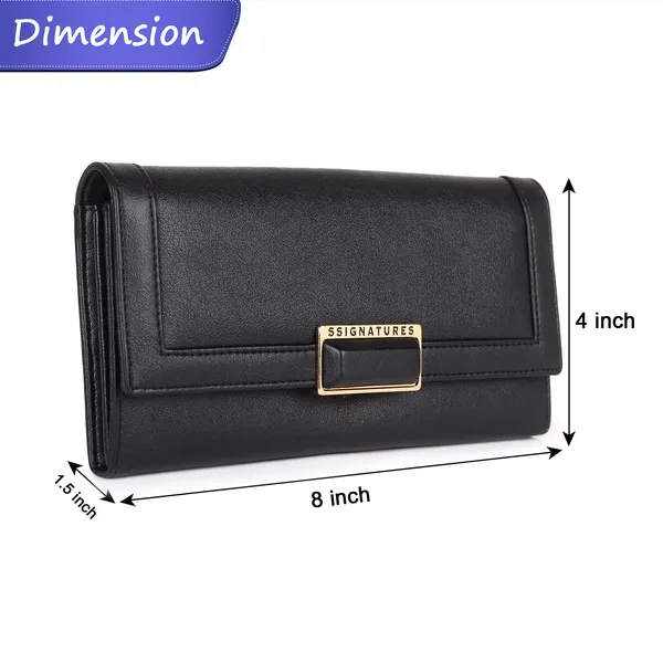 Signature_Black_Faux_Leather_Metallic_Buckle_Wallet_For_Women