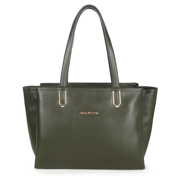 Signature_Olive_Green_Faux_Leather_Structured_Metallic_Zip_Tote_Bag_For_Women