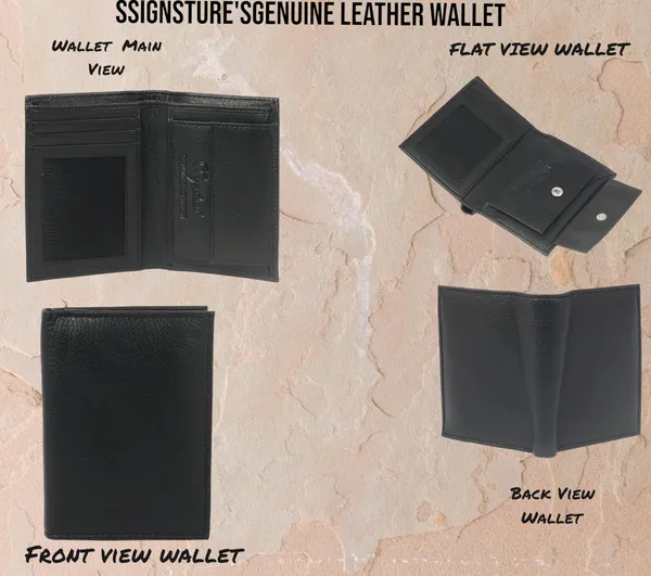 Signature_Black_Genuine_Leather_Button_Closure_Coin_Pocket_Wallet_For_Men