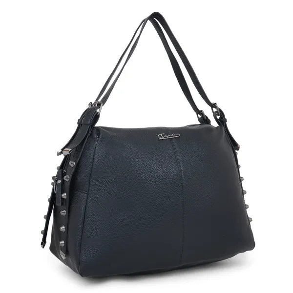 Signature_Black_Faux_Leather_Metal_Logo_Adjustable_Strap_Shoulder_Bag_For_Women