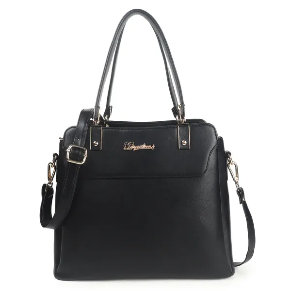 Signature_Black_Faux_Leather_Structured_Metal_Logo_Handbag