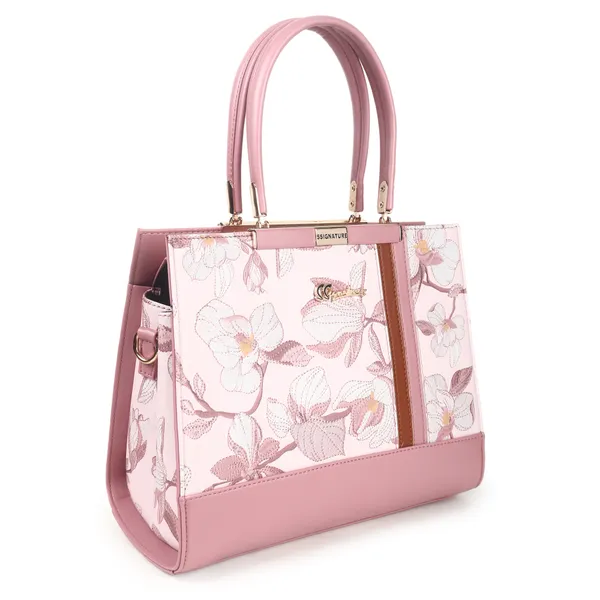 Signature_Pink_Floral_Faux_Leather_Classic_Handle_Handbag_For_Women