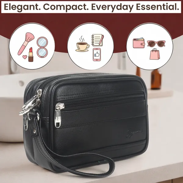 Signature_Black_Leather_Multi_Compartment_Wristlet_Pouch_For_Women