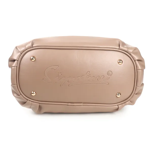Signature_Beige_Leather_Metal_Logo_Shoulder_Handbag_For_Women