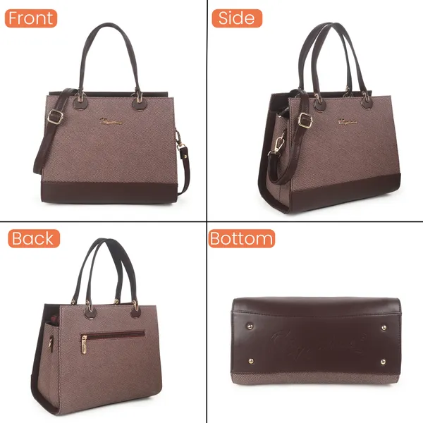 Signature_Brown_Two_Tone_Faux_Leather_Structured_Metal_Hardware_Handbag_For_Women