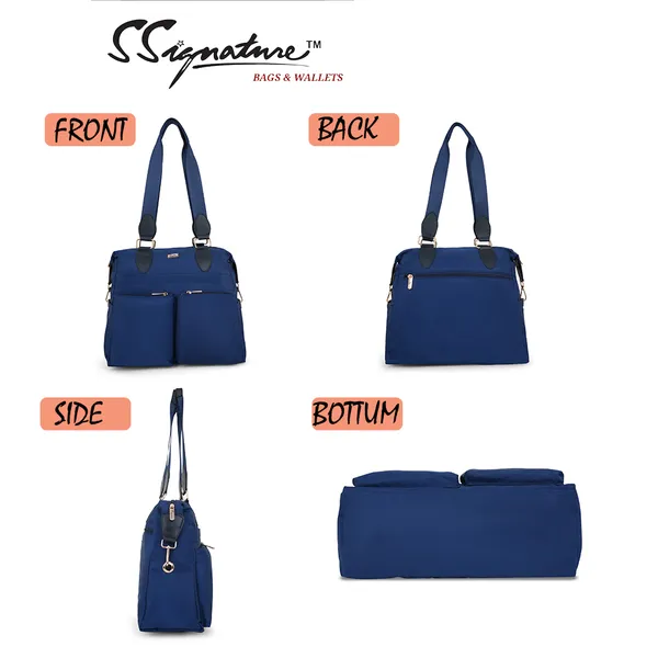 Signature_Navy_Blue_Faux_Leather_Multi_Pocket_Shoulder_Bag_For_Women