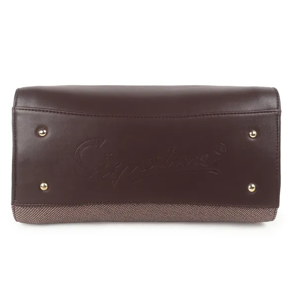 Signature_Brown_Two_Tone_Faux_Leather_Structured_Metal_Hardware_Handbag_For_Women