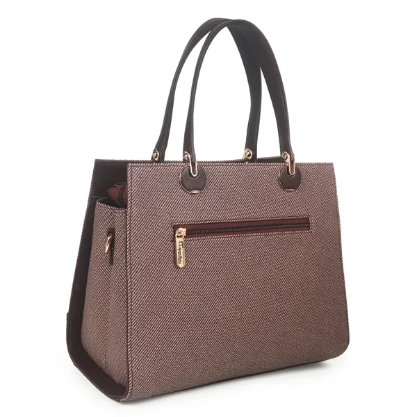 Signature_Brown_Two_Tone_Faux_Leather_Structured_Metal_Hardware_Handbag_For_Women