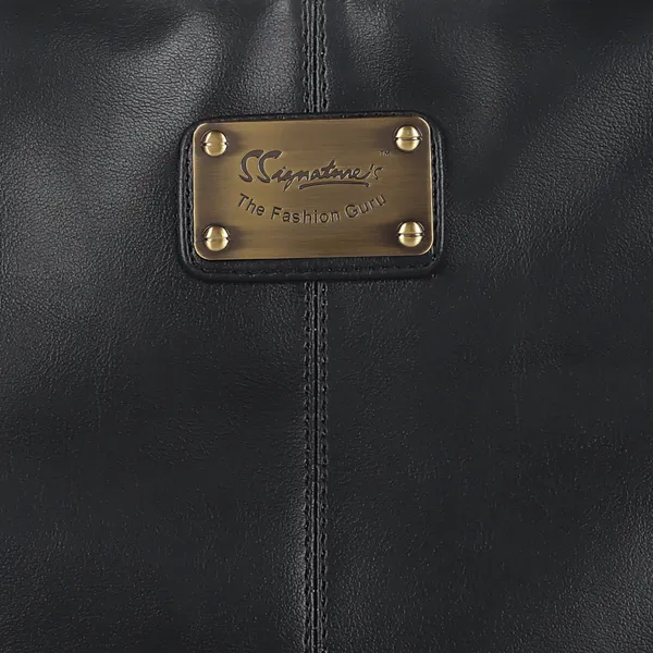 Signature_Black_Faux_Leather_Metal_Hardware_Handbag_For_Women