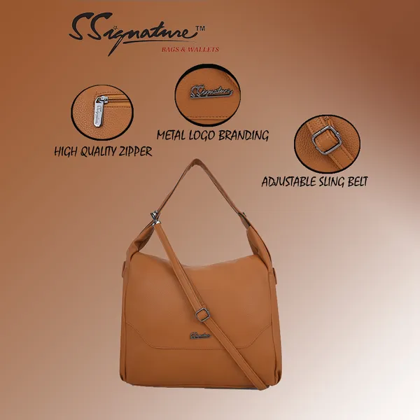 Signature_Tan_Faux_Leather_Adjustable_Strap_Hobo_Bag_For_Women