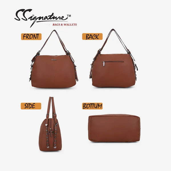 Signature_Brown_Leather_Adjustable_Strap_Handbag_For_Women