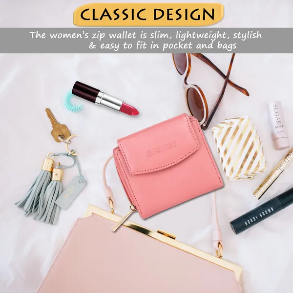 Signature_Pink_Faux_Leather_Tri_Fold_Zipper_Wallet_For_Women