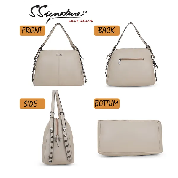 Signature_Beige_Faux_Leather_Adjustable_Strap_Tote_Handbag_For_Women