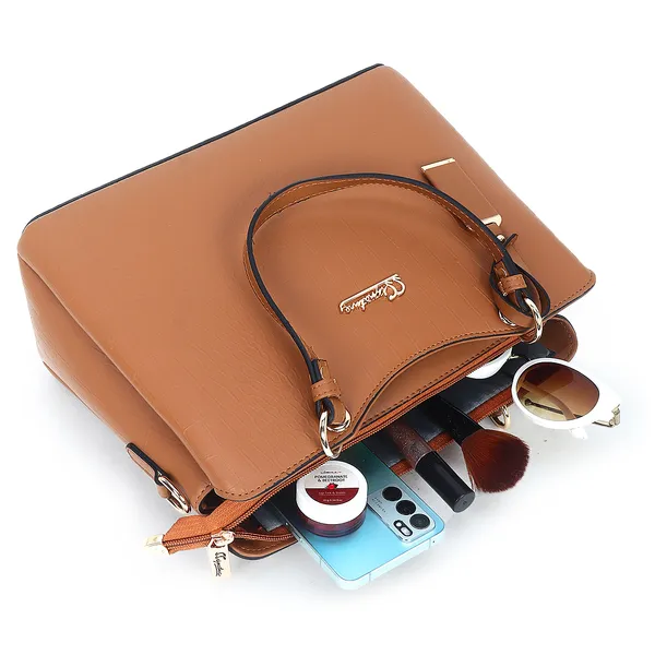 Signature_Tan_Brown_Faux_Leather_Buckle_Adjustable_Strap_Handbag_For_Women