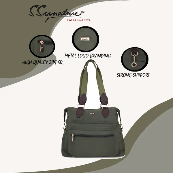 Signature_Olive_Green_Fabric_Multi_Compartment_Convertible_Diaper_Bag_For_Parents