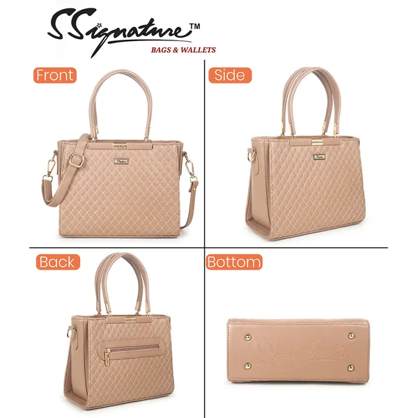 Signature_Beige_Quilted_Faux_Leather_Metallic_Zip_Handbag_For_Women