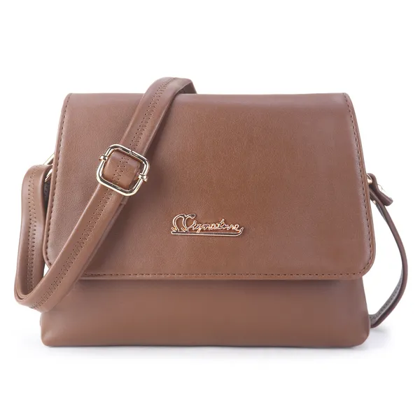Signature_Brown_Faux_Leather_Adjustable_Strap_Sling_Bag_For_Women