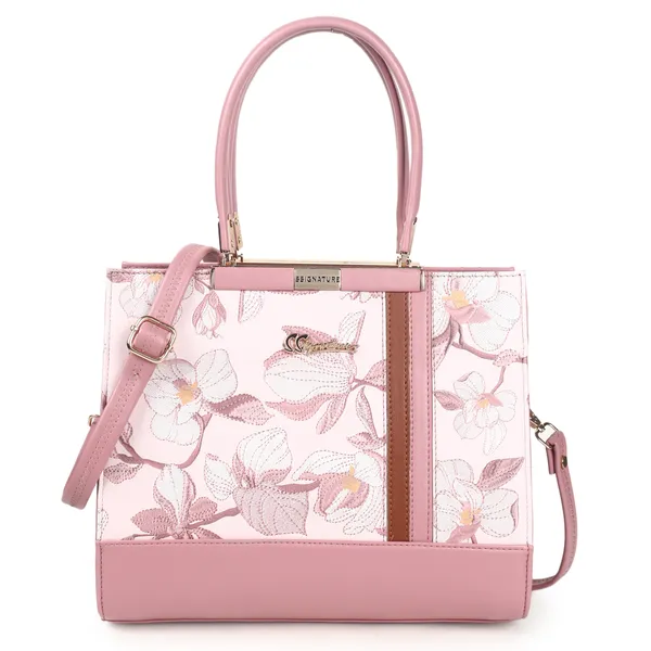 Signature_Pink_Floral_Faux_Leather_Classic_Handle_Handbag_For_Women