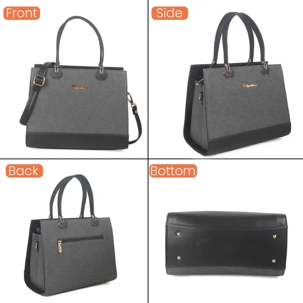 Signature_Grey_Textured_Faux_Leather_Metallic_Accent_Handbag_For_Women
