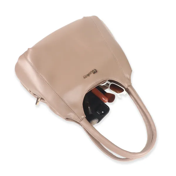 Signature_Beige_Leather_Metal_Logo_Shoulder_Handbag_For_Women