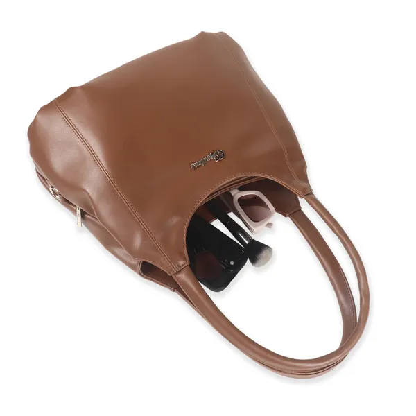 Signature_Brown_Leather_Metal_Buckle_Zipper_Handbag_For_Women