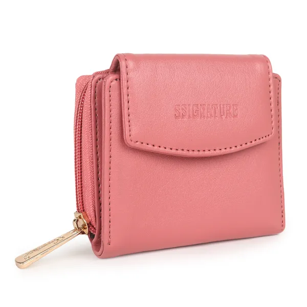 Signature_Pink_Faux_Leather_Tri_Fold_Zipper_Wallet_For_Women