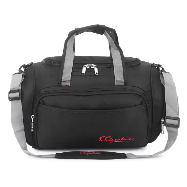 Signature_Black_Grey_Fabric_Adjustable_Strap_Gym_Duffel_Bag_For_Men_And_Women