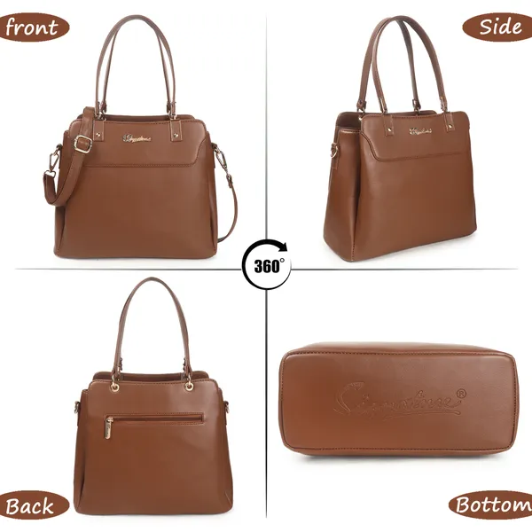 Signature_Tan_Brown_Faux_Leather_Classic_Handle_Handbag_For_Women