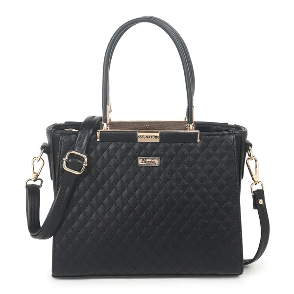 Signature_Black_Quilted_Faux_Leather_Gold_Hardware_Handbag_For_Women
