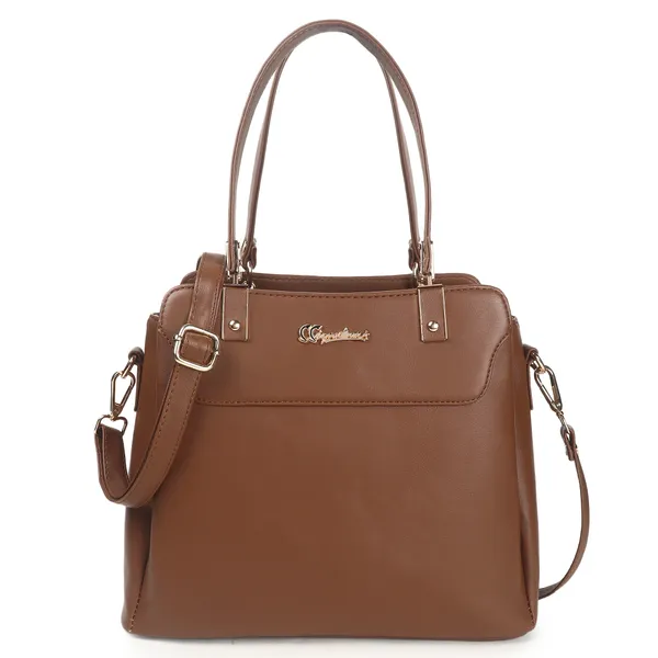 Signature_Tan_Brown_Faux_Leather_Classic_Handle_Handbag_For_Women