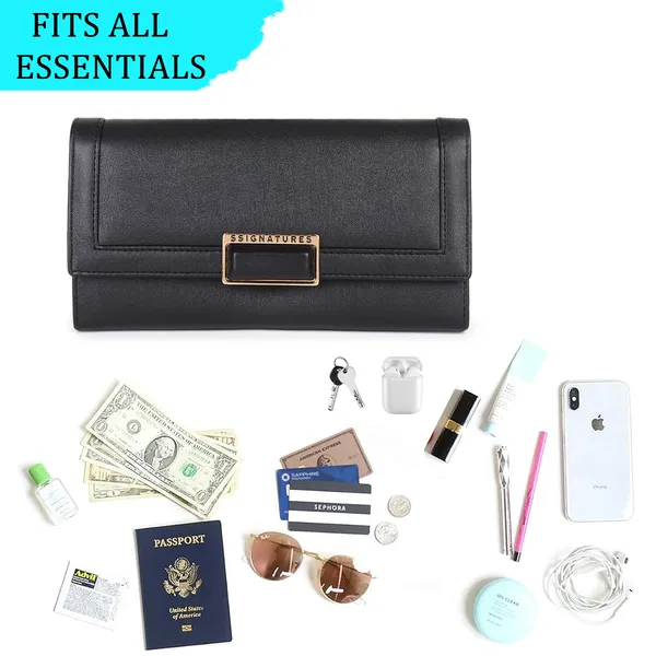 Signature_Black_Faux_Leather_Metallic_Buckle_Wallet_For_Women