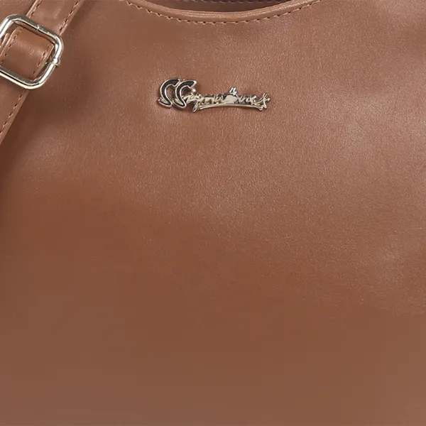 Signature_Brown_Leather_Metal_Buckle_Zipper_Handbag_For_Women