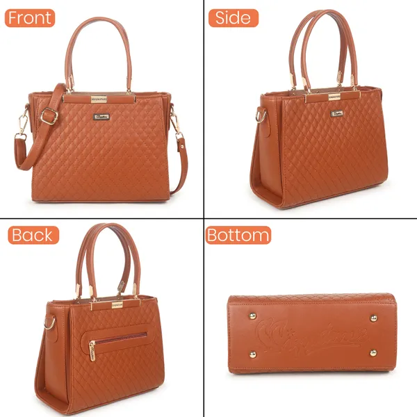Signature_Brown_Textured_Faux_Leather_Metallic_Accent_Handbag_For_Women