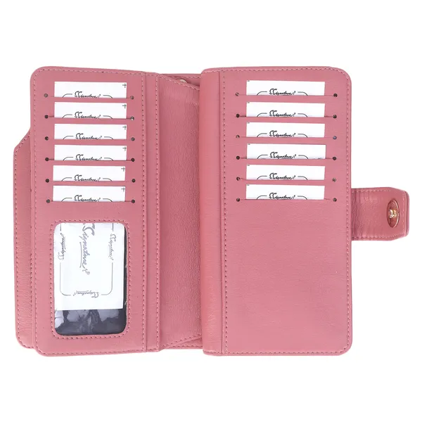Signature_Pink_Leather_Wrist_Strap_Multi_Compartment_Wallet_For_Women