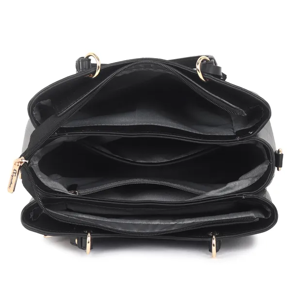 Signature_Black_Faux_Leather_Multi_Compartment_Handbag_For_Women