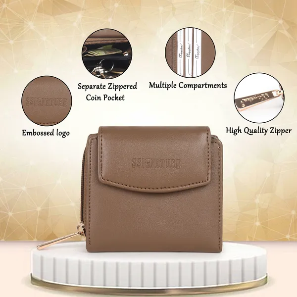 Signature_Brown_Faux_Leather_Tri_Fold_Zipper_Wallet_For_Women