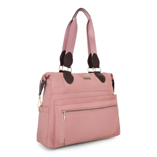 Signature_Pink_Fabric_Multi_Pocket_Travel_Tote_Bag_For_Women