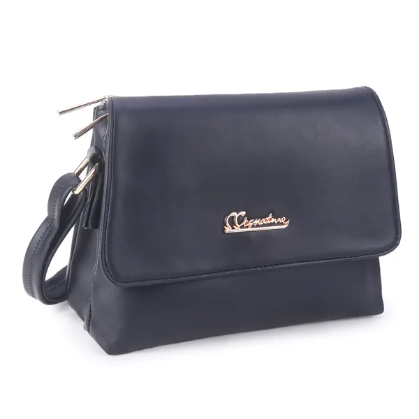 Signature_Navy_Blue_Faux_Leather_Metal_Buckle_Sling_Bag