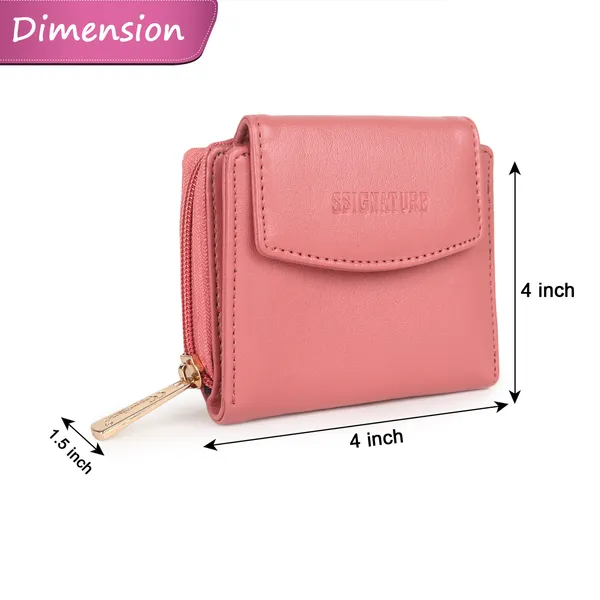 Signature_Pink_Faux_Leather_Tri_Fold_Zipper_Wallet_For_Women