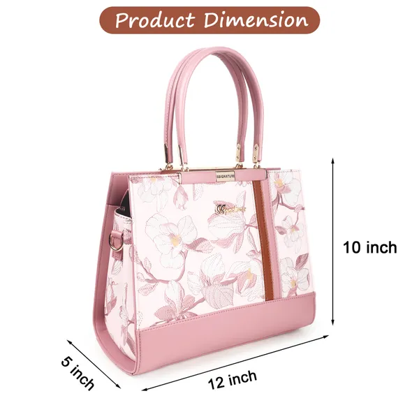 Signature_Pink_Floral_Faux_Leather_Classic_Handle_Handbag_For_Women